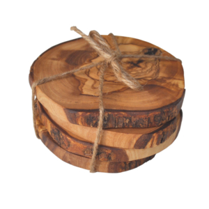 Olive Wood Rustic Coasters - Set of 4 Tied with Raffia